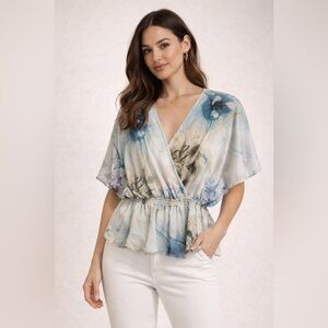 Marciano by Guess Floral Peplum Blouse-Small V-Neck Kimono Sleeve Top